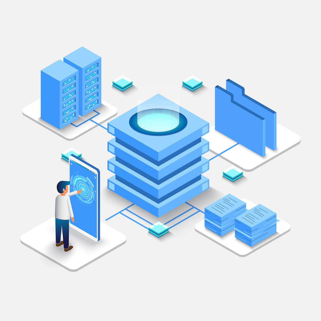 Computation of big data center, information processing, database. internet traffic routing, server room rack isometric vector technology